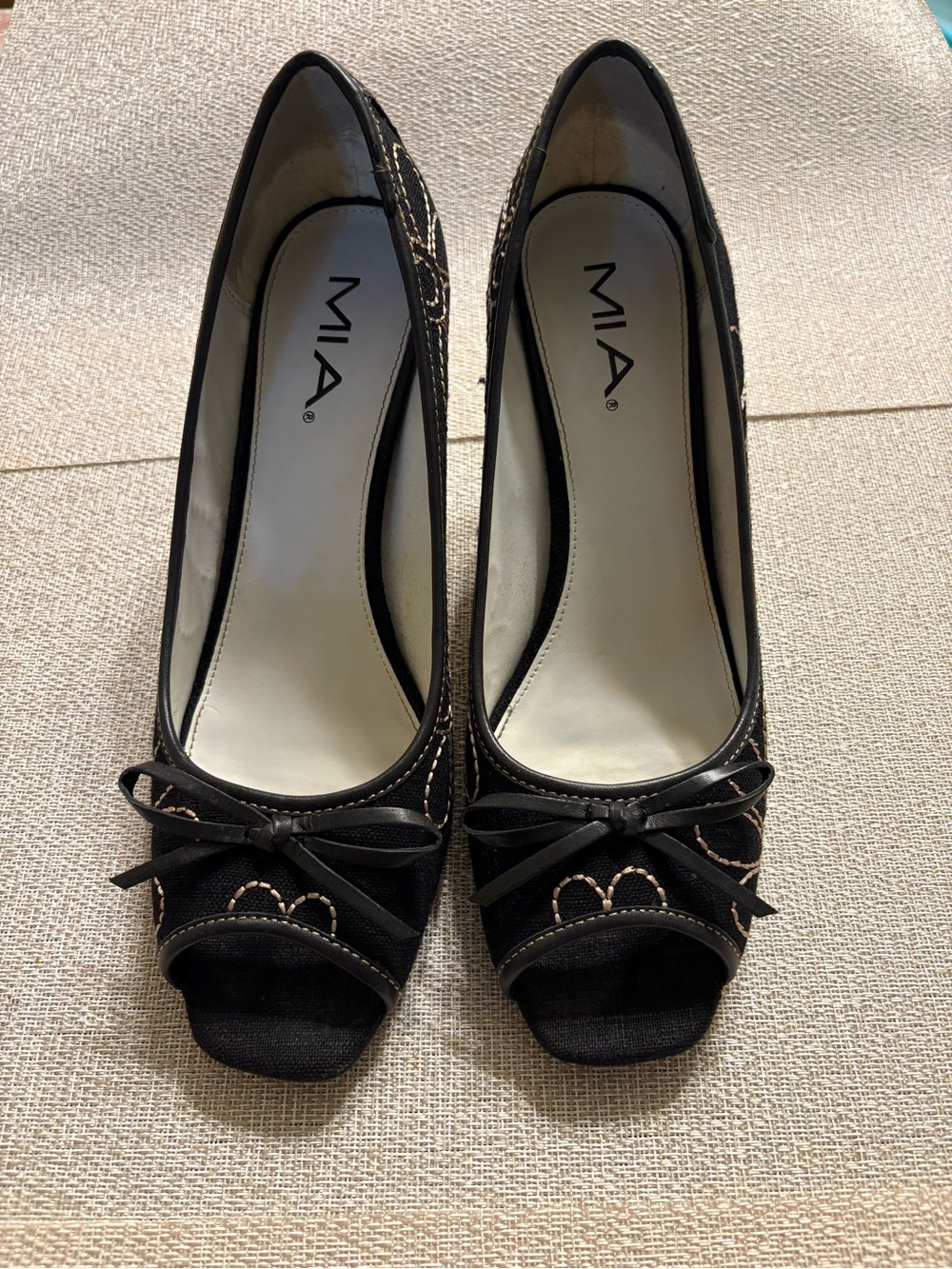 MIA Black Peep-Toe Heels with Bow Accent